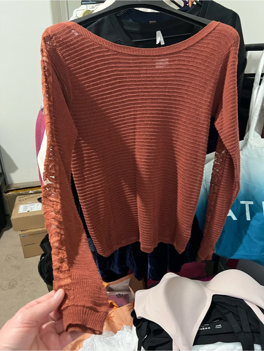 Free People Split - Back Boat Neck Rust /Terracotta Lace-Trim Sweater